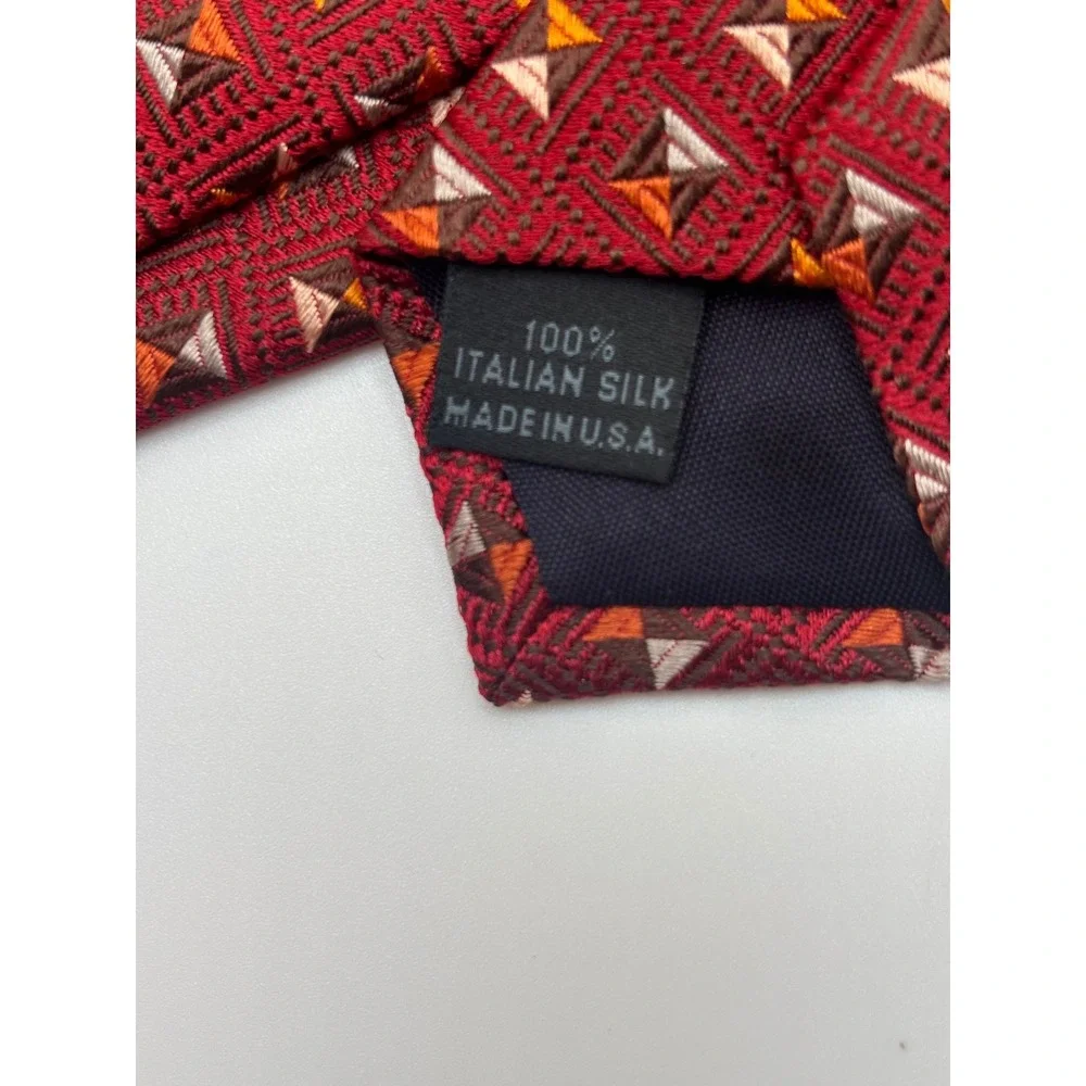 Genesis Handmade Mens Italian SilkTie Burgundy Red Geometric Pattern Made in USA